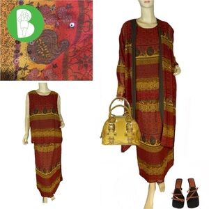 ERICA BROOKE COLLECTION RED, GOLD & BROWN SKIRT, TUNIC & CARDIGAN SET NWT (14)